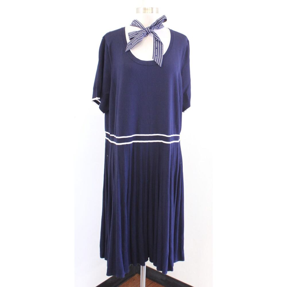 NWT Draper James Navy Blue Heart Dot Print Bow Tie Neck Sweater Dress Size 3X